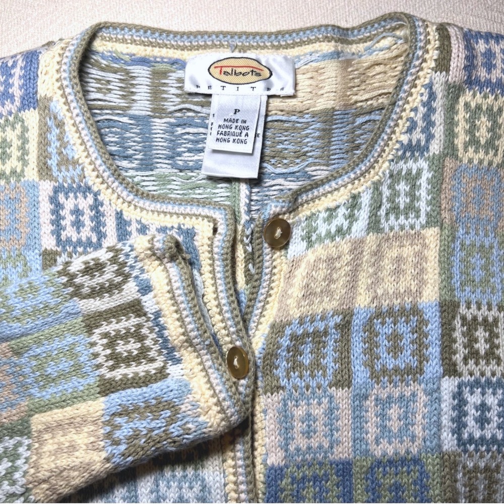 Vintage‎ Talbots Petites Knit Patchwork Cotton Cardigan Crochet Sweater P